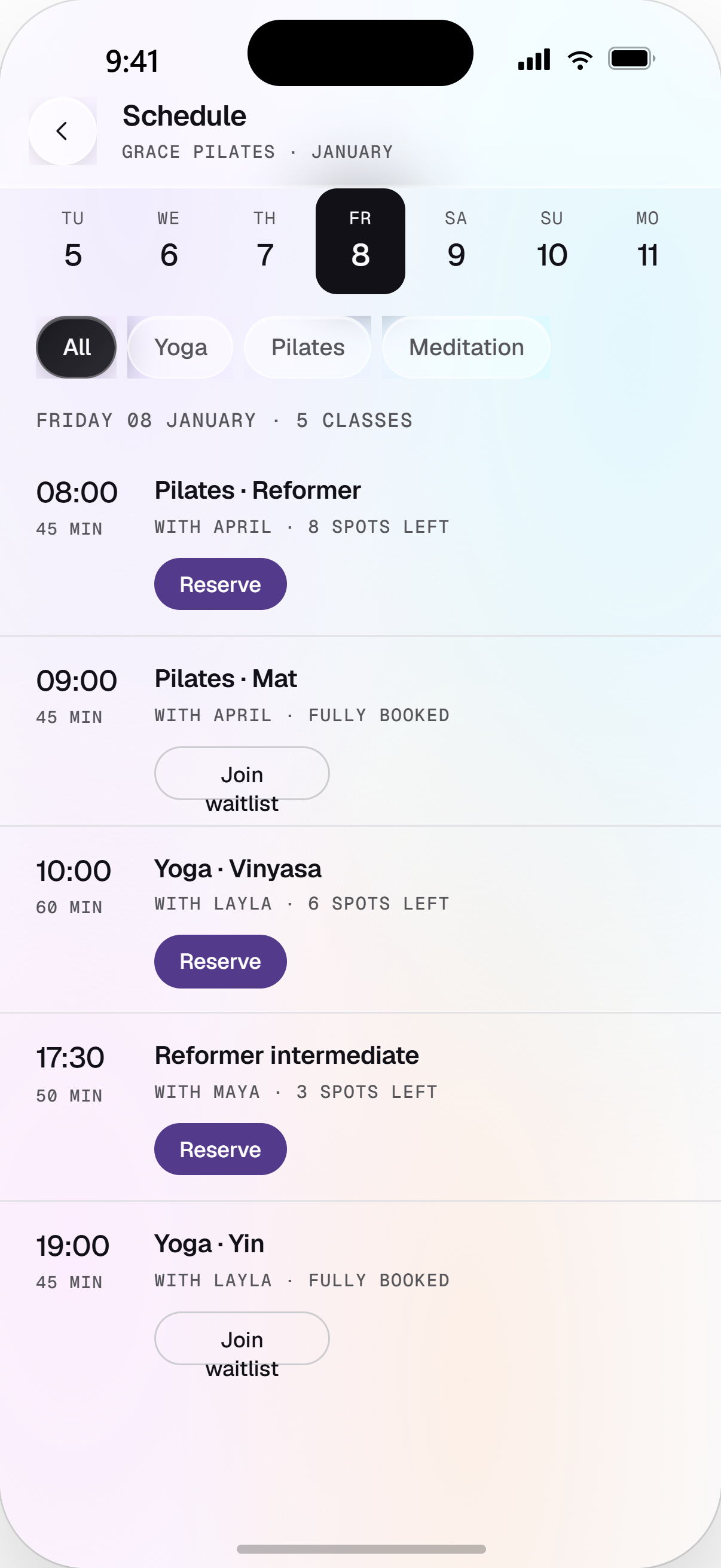 MyFlo app — book a class